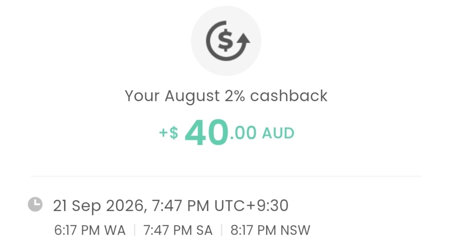 YouTrip app showing A$40 cashback earned for August 2026