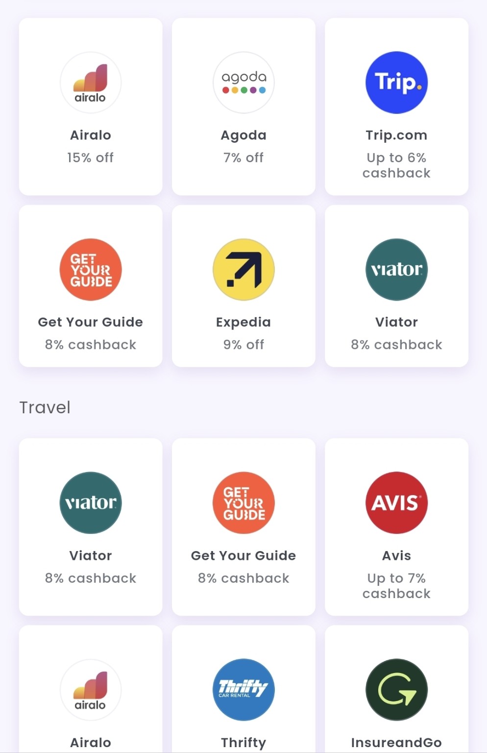 YouTrip app travel offers including Airalo, Agoda, Trip.com, Expedia and Viator